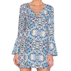 “Broken Bloom” Mini Dress, Blue Multicolor Pattern
